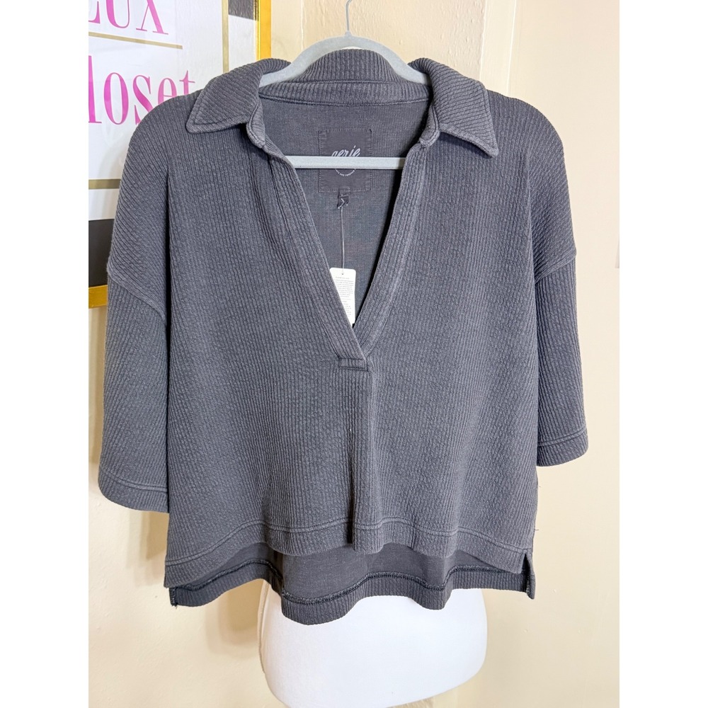 Aerie Real Good Ribbed Polo Sweater Charcoal Gray V-Neck Short Sleeve Medium NWT